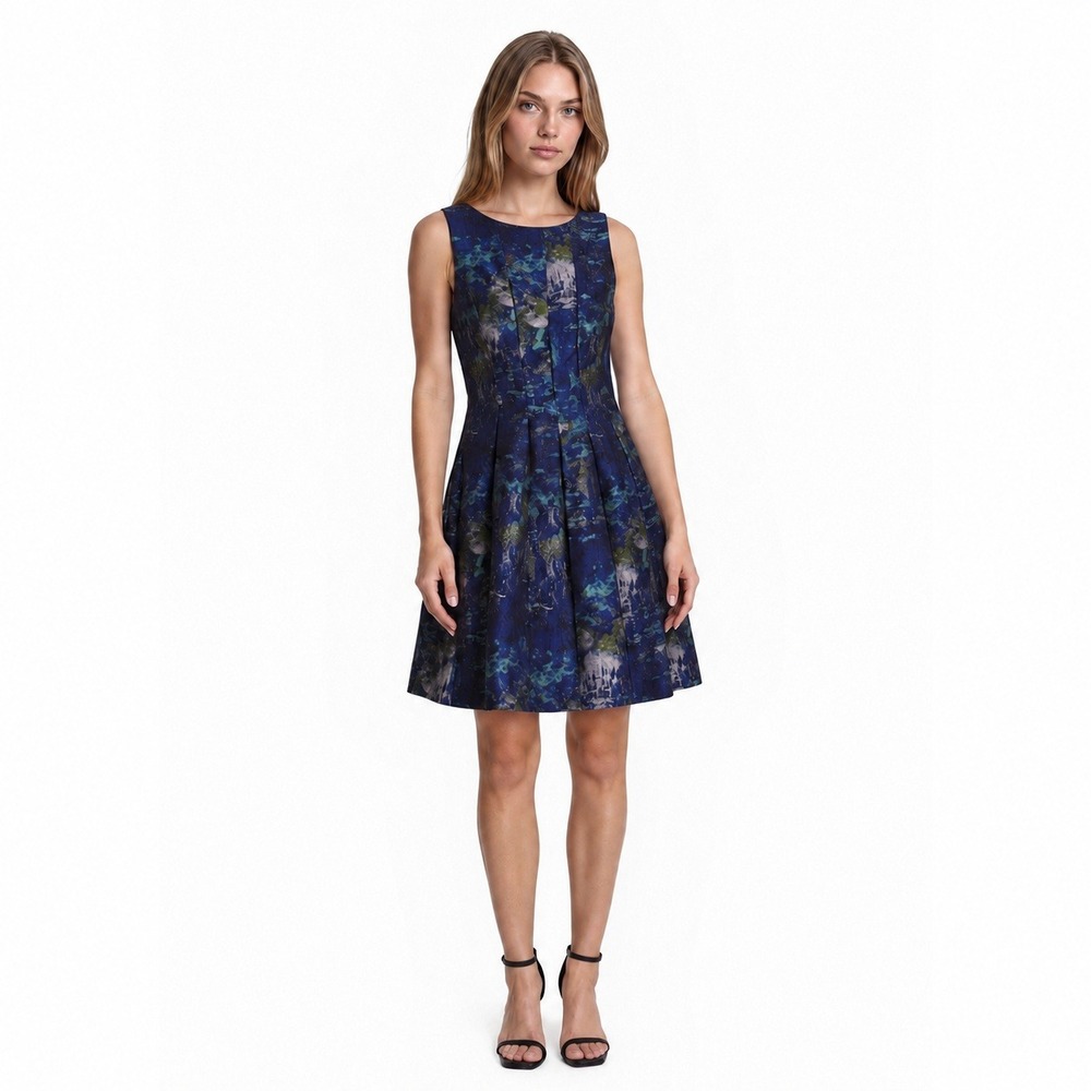 Donna Ricco Fit & Flare Dress Women's Size 4 Blue Metallic Brocade Cocktail Knee